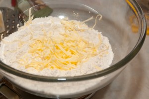 Flour with grated margarine on top