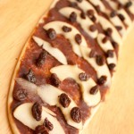 Rolled dough strip with cinnamon paste, apple, and raisins